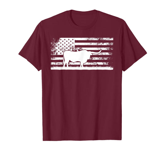 American Flag USA - Texas Longhorn Cow For Cattle Farmer T-Shirt