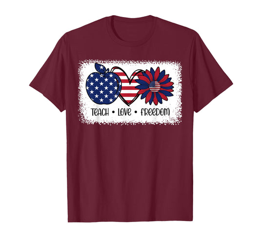 American Flag Teach Love Freedom Preschool Teacher 4th July T-Shirt