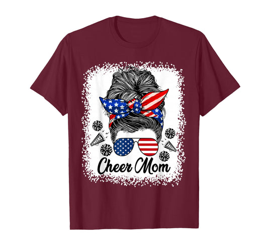 Cheer Mom Messy Bun USA Flag Glasses 4th of July Patriotic T-Shirt
