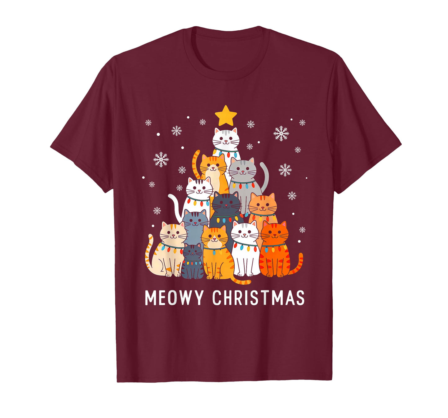 Cute Cat Meowy Christmas Tree Lights Santa Hat Xmas Pajamas T-Shirt