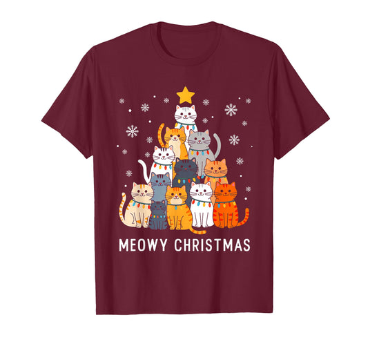 Cute Cat Meowy Christmas Tree Lights Santa Hat Xmas Pajamas T-Shirt