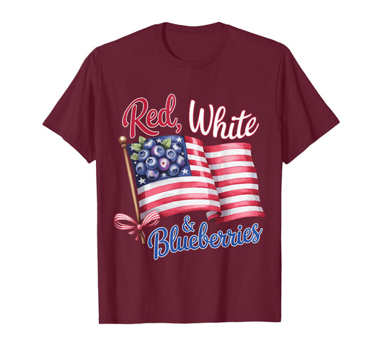 Red White & Blueberries Patriotic Coquette Bow American Flag T-Shirt