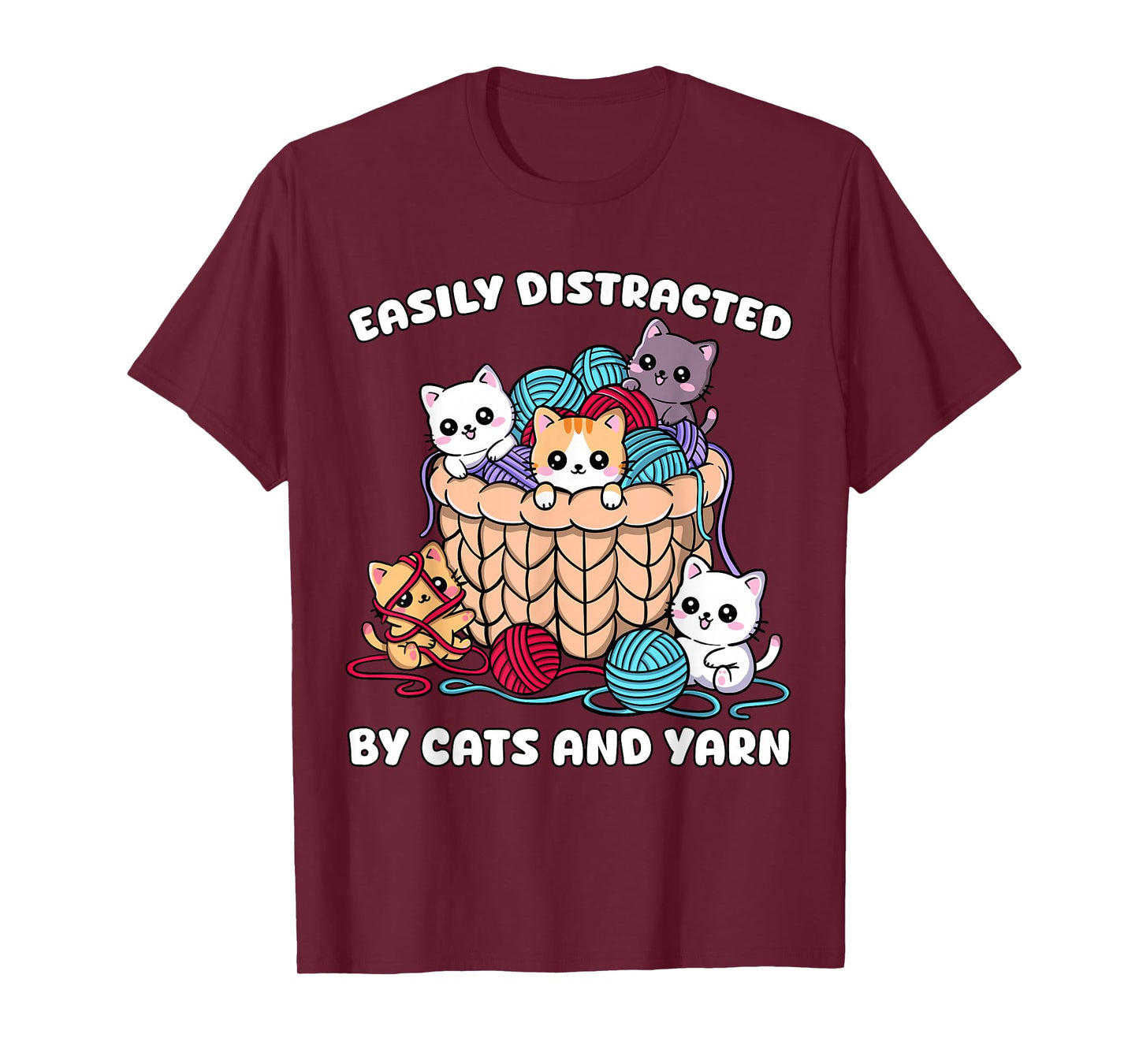 Easily Distracted by Cats and Yarn Funny Crochet Knitting T-Shirt
