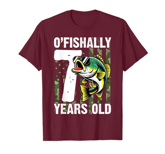 Ofishally 7 Year Old 7th Birthday US Flag Fishing T-Shirt