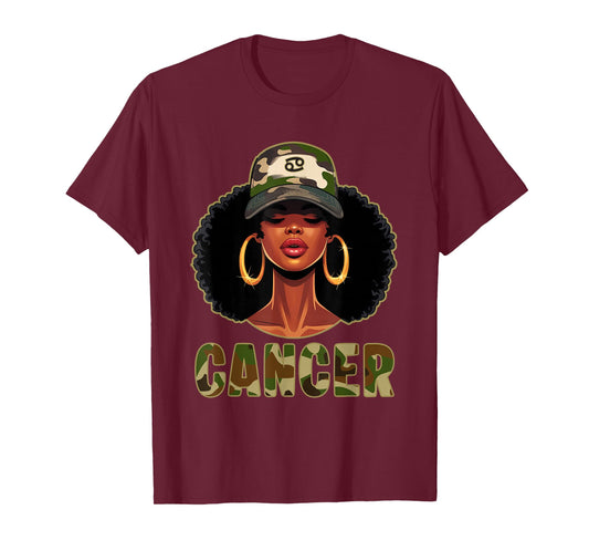 Cancer Queen Black Woman with Cap Camo Afro Girl Zodiac T-Shirt