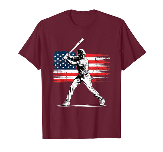 Baseball Player Silhouette with Distressed American Flag T-Shirt