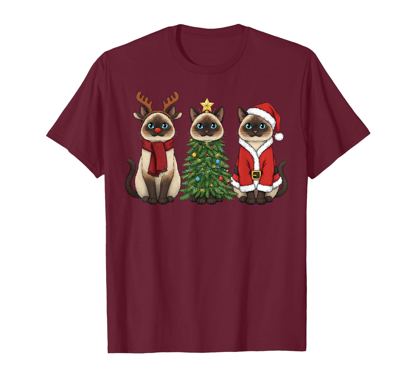 Retro Christmas Siamese Cat Santa Reindeer T-Shirt