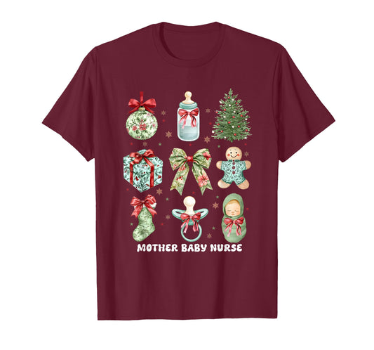 Coquette Christmas Mother Baby Nurse Postpartum Nurse Squad T-Shirt