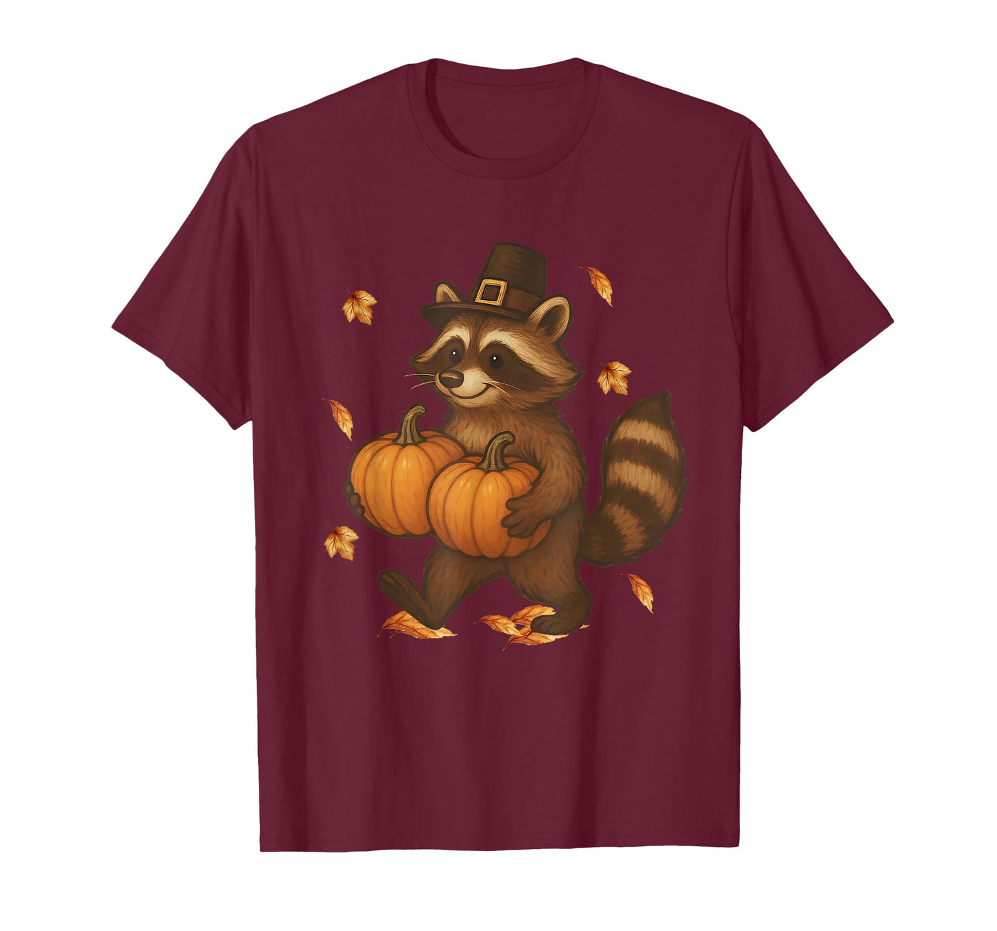 Cute Thanksgiving Raccoon with Pumpkins Pilgrim Fall Leaves T-Shirt