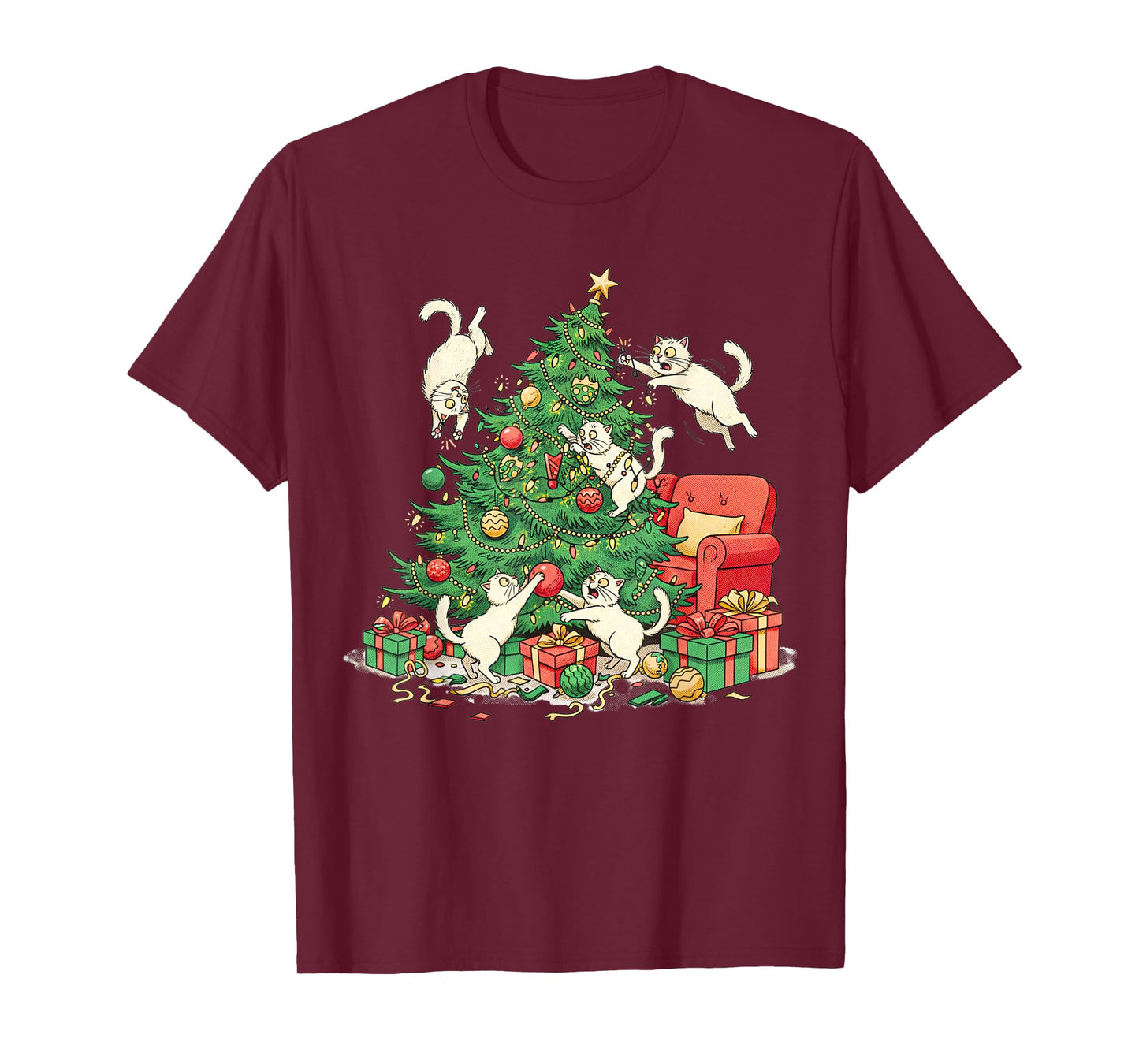 Funny Cat Christmas Tree Chaos Festive Holiday Art T-Shirt