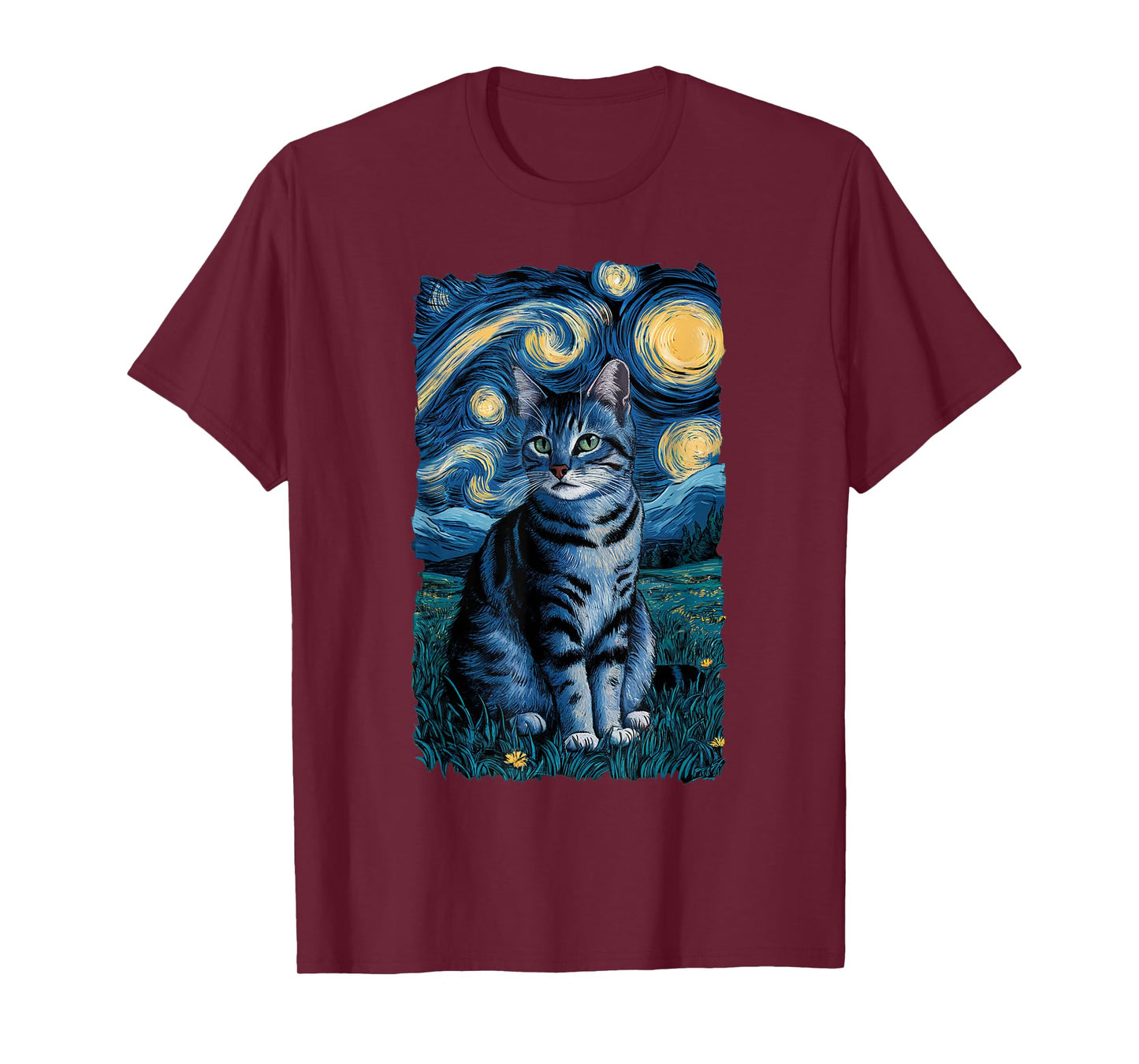 Van Gogh Cat Gifts Tabby Cat Owners Cat Lady Black Men Cat T-Shirt