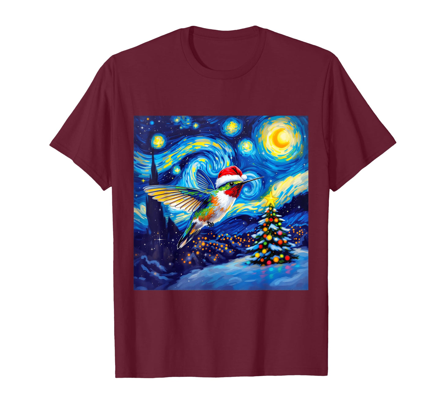 Christmas Hummingbird Santa Hat Van Gogh Starry Night T-Shirt