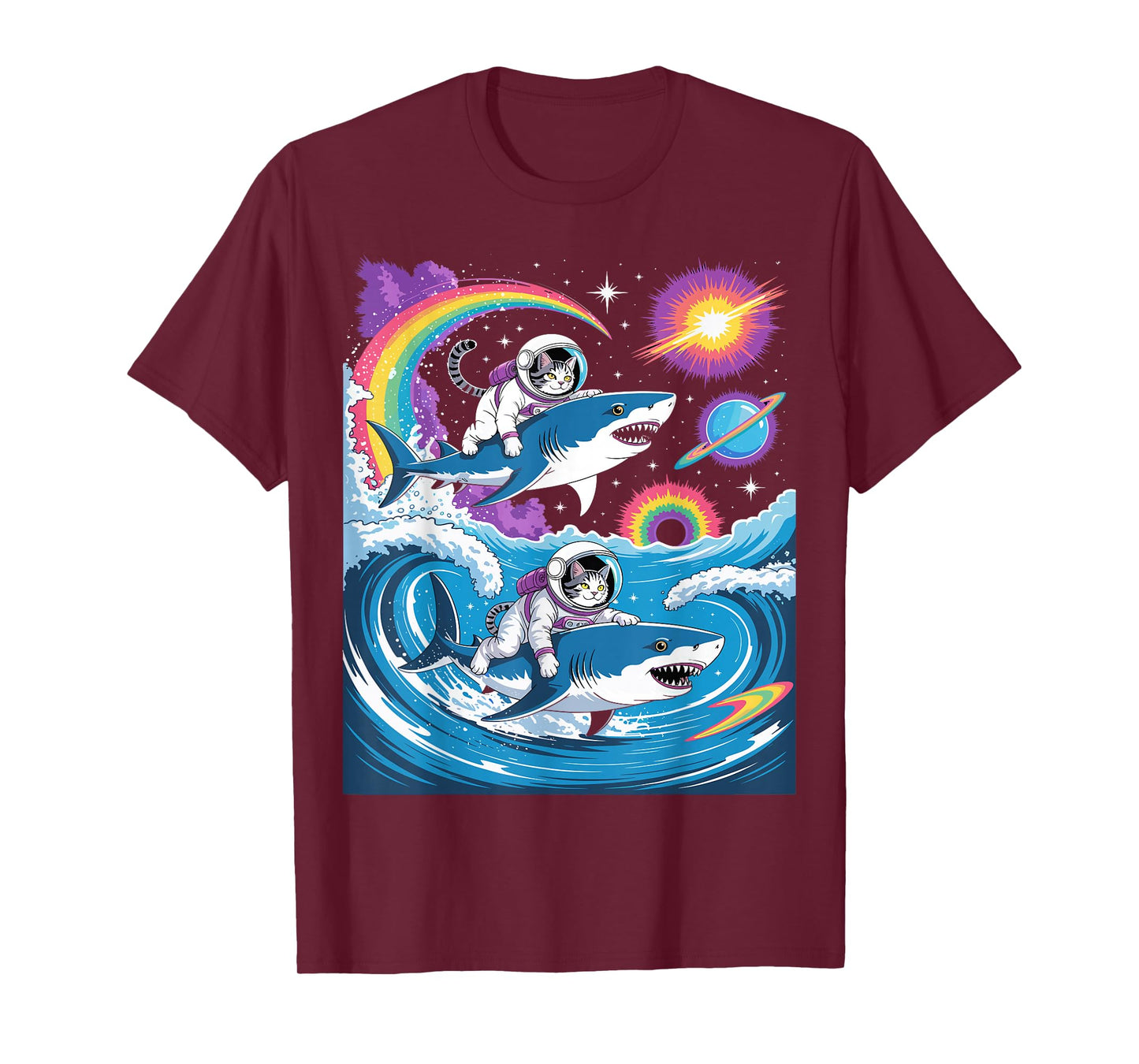 Cats Riding Sharks in Space Funny Galaxy Rainbow Tee T-Shirt