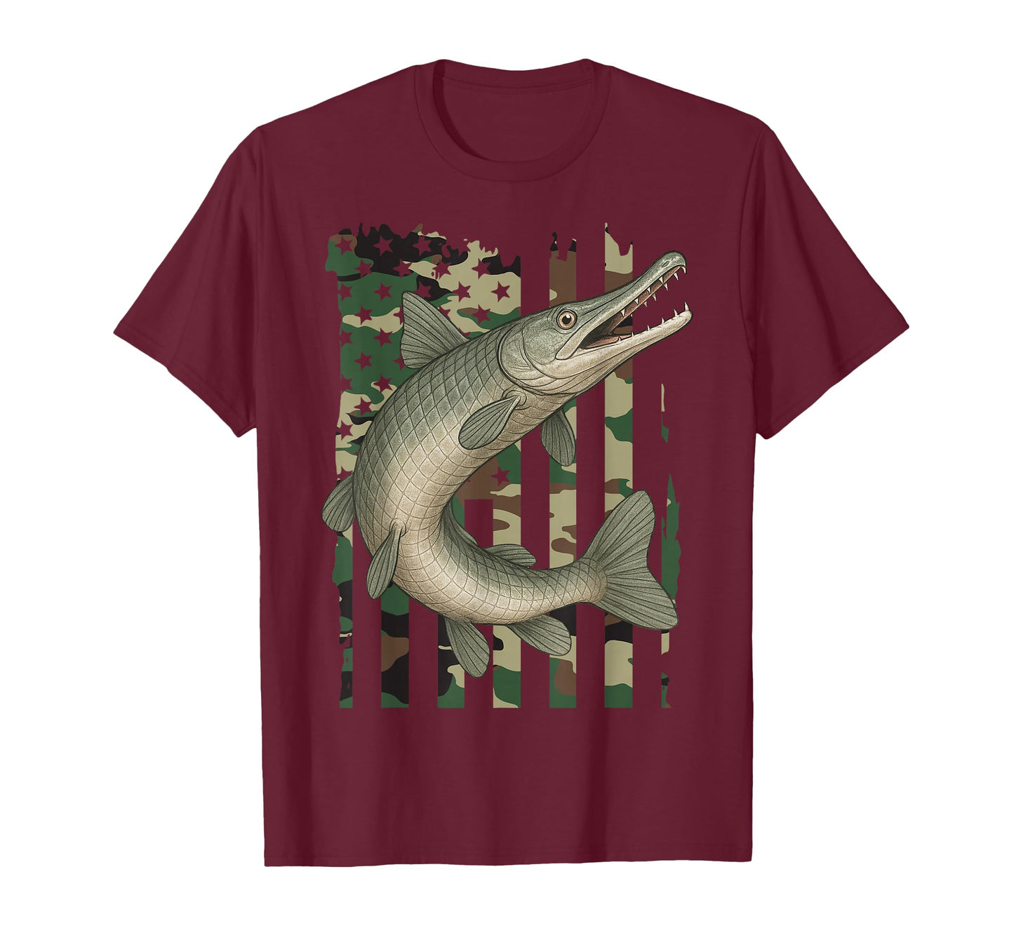 Alligator Gar with Camo American Flag, Fishing Alligator Gar T-Shirt