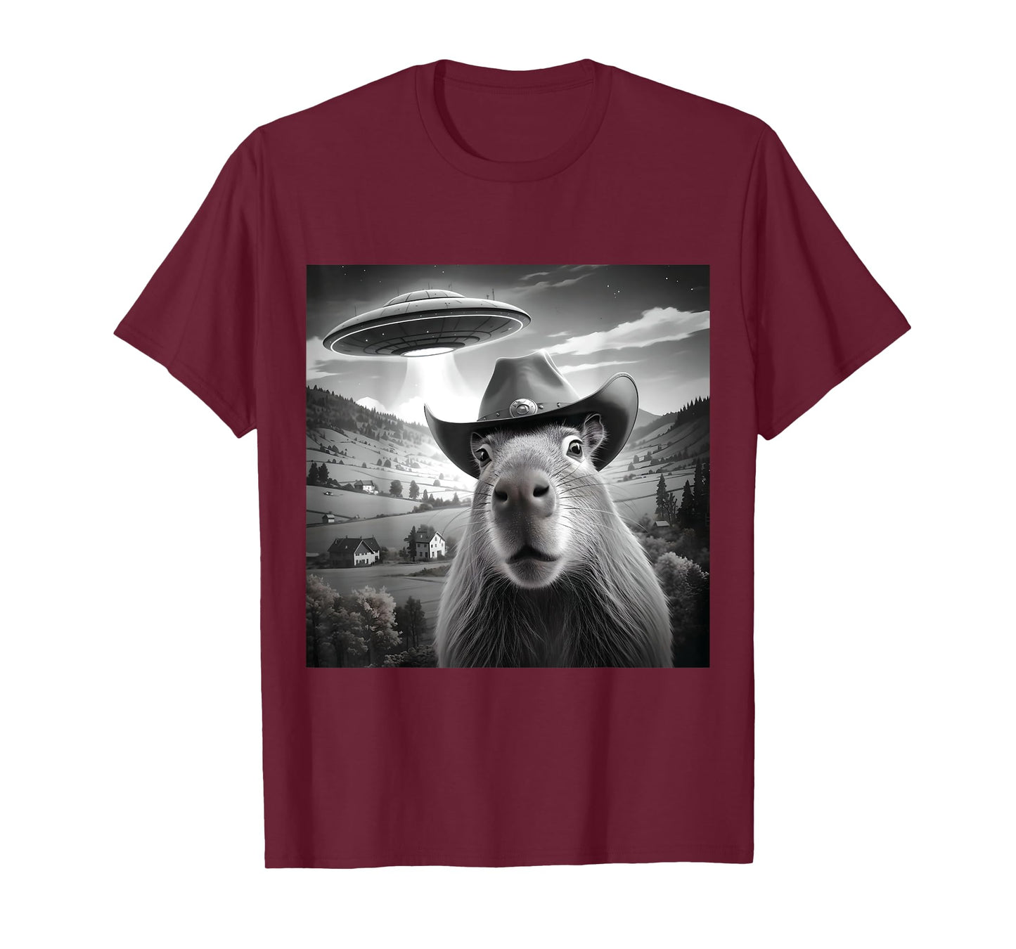 Funny Capybara Selfie Wearing Cute Hat With UFOs Weird T-Shirt