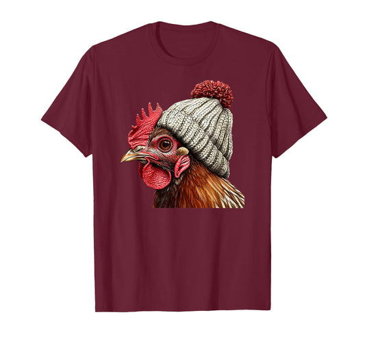 Chicken Wearing Beanie Retro Graphic Farm Animal Rooster T-Shirt