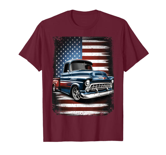 Classic Old Pickup Truck American Flag 4th of July Patriotic T-Shirt
