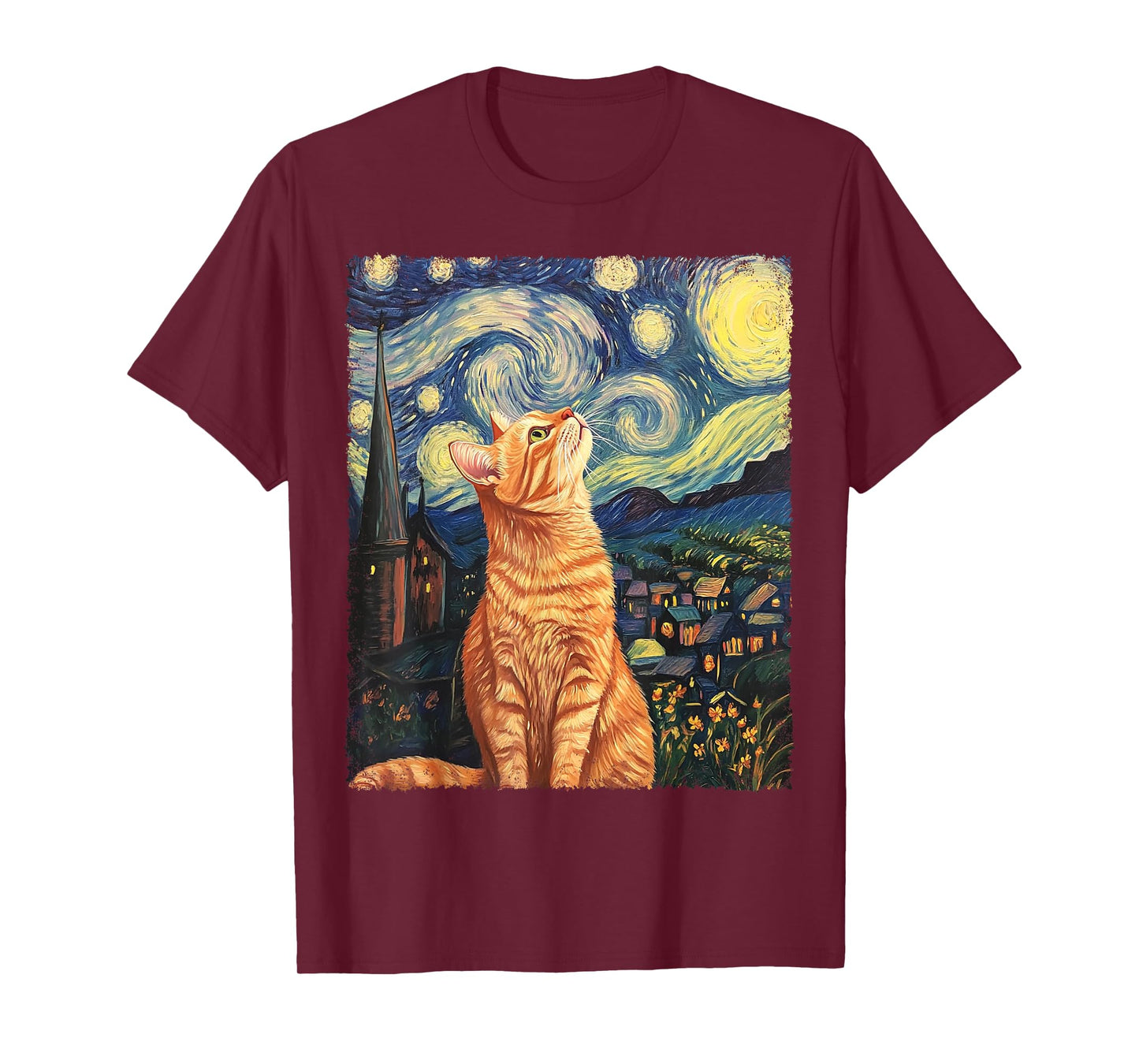 Modern Art Painting Van Gogh Starry Night Tabby Cat T-Shirt