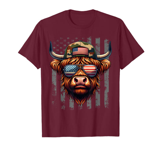 Highland Cow 4th July USA Flag Dad Father America Men Boys T-Shirt