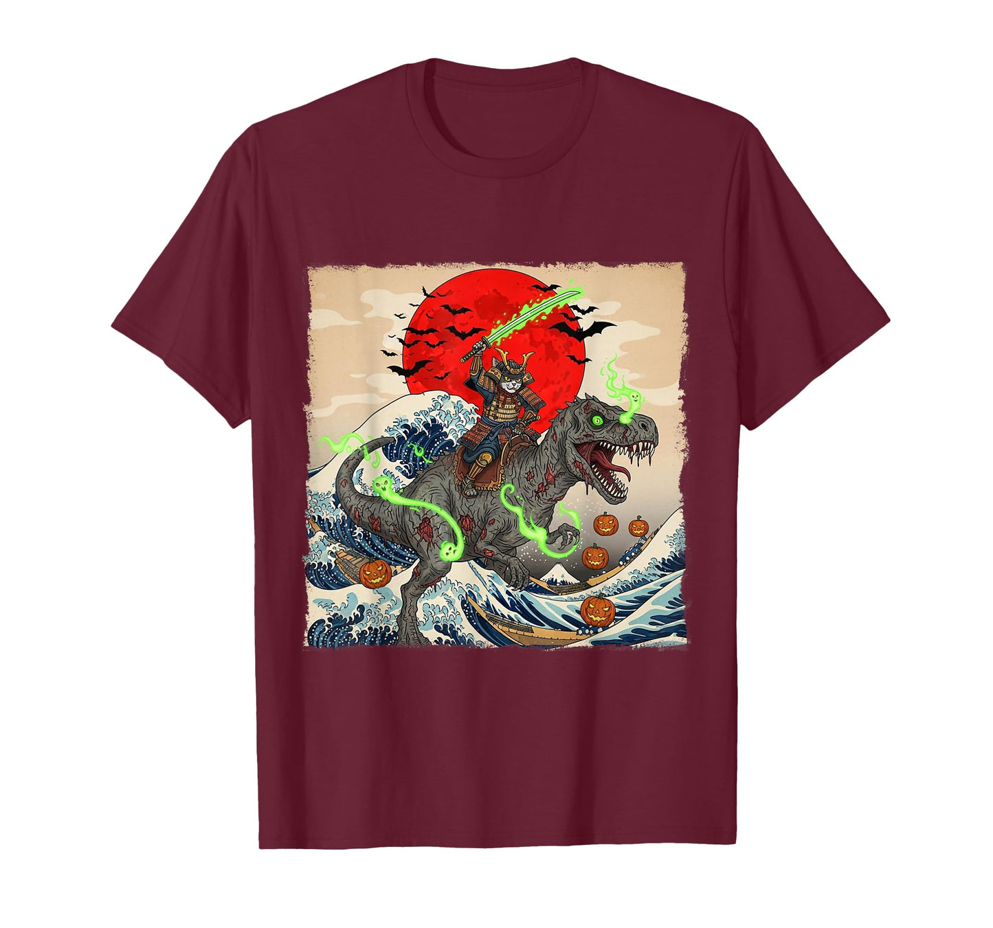 Samurai Cat vs Zombie Dinosaur Spooky Ukiyo-e Halloween Tee T-Shirt