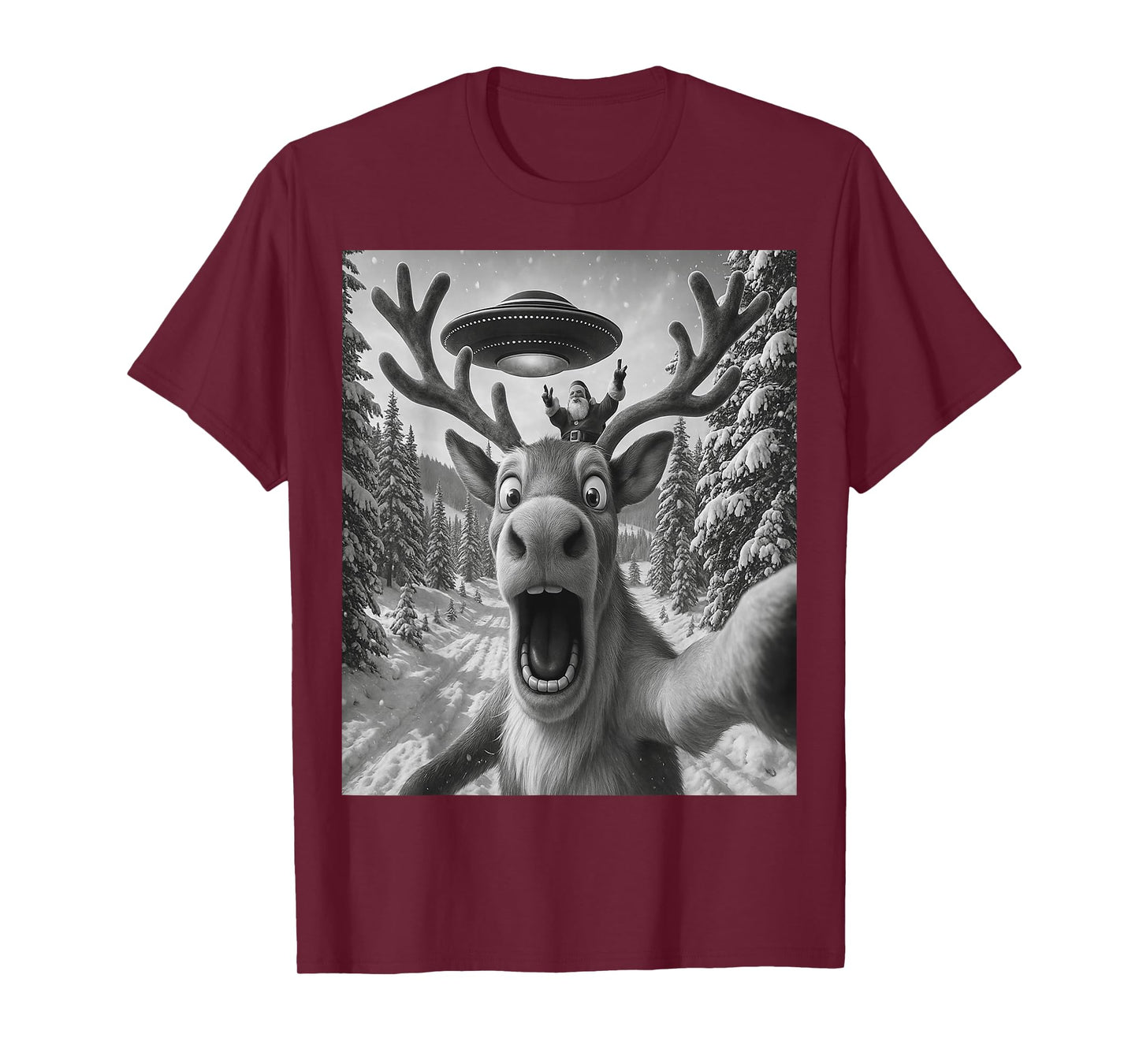 Reindeer Selfie with Alien UFO Funny Cat for Men Women Kid T-Shirt