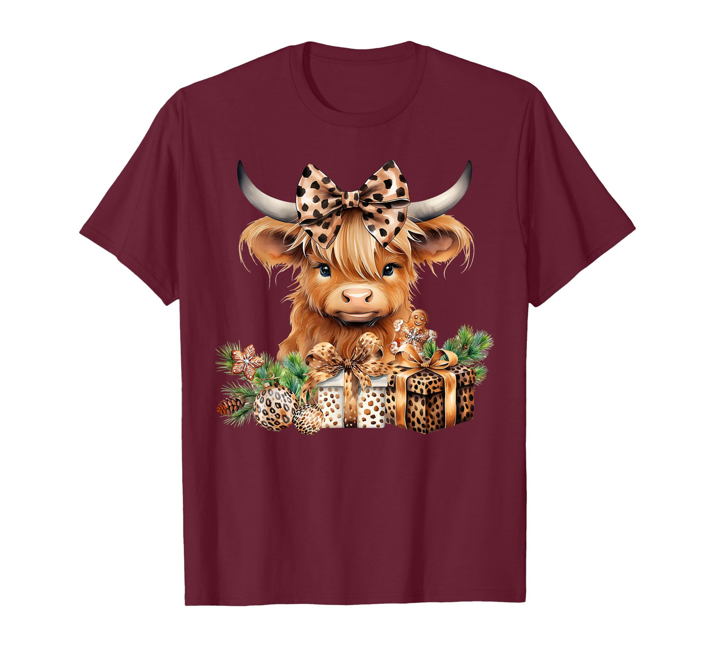 Baby Highland Cow Merry Christmas Leopard Cute Cow Farmer T-Shirt