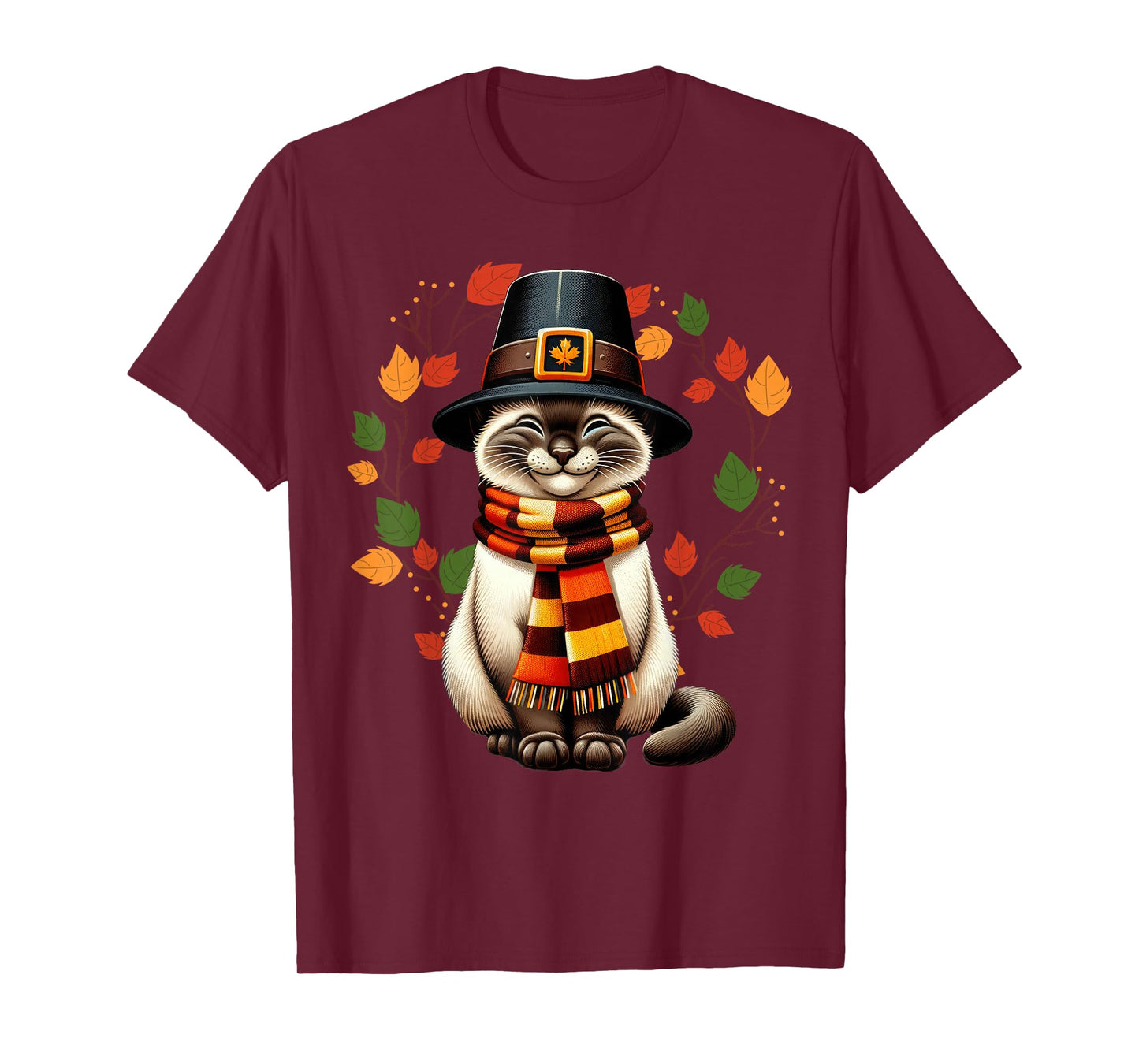 Siamese Cat Pilgrim Thanksgiving Fall Turkey, Women Girls T-Shirt
