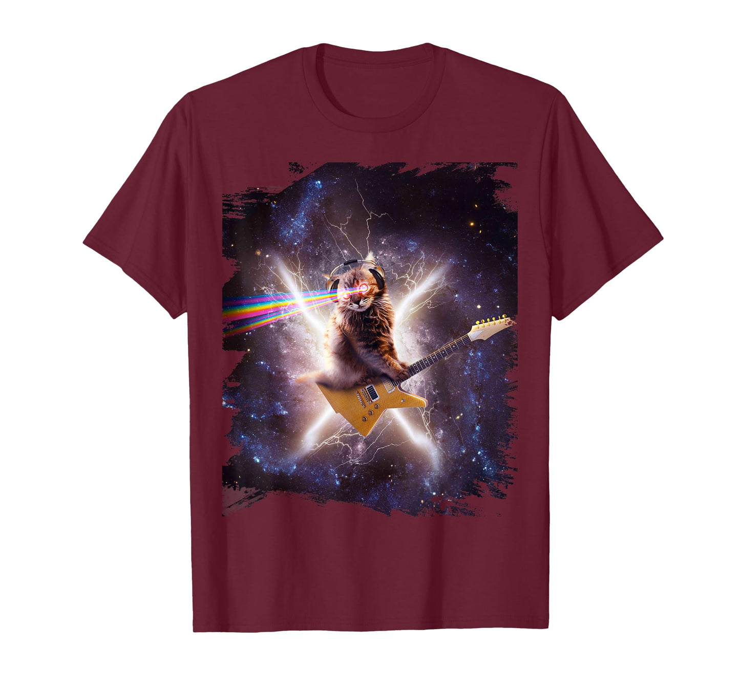Laser Cat Riding Guitar In Outer Space Galaxy Lightning T-Shirt