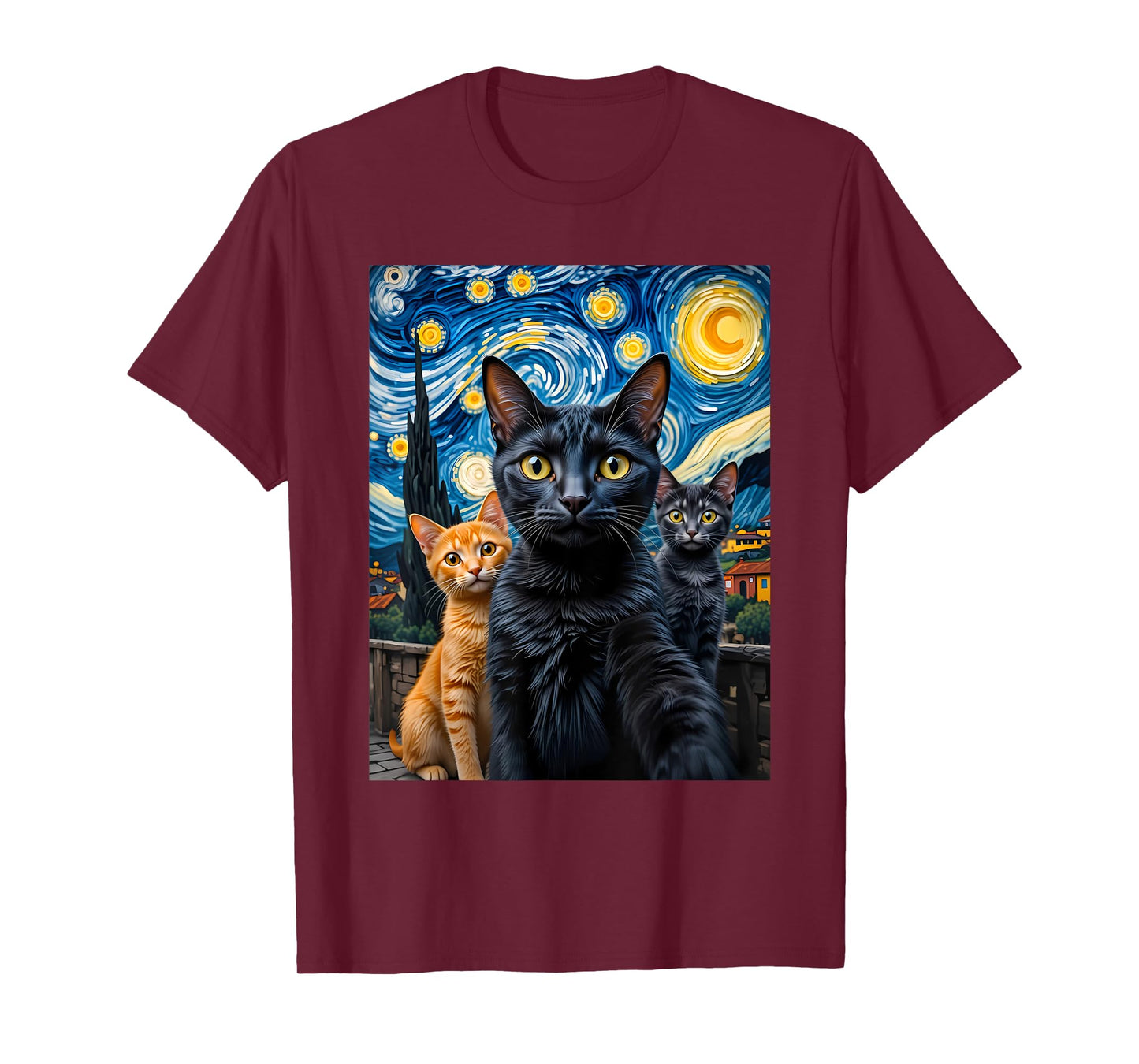 Cat Selfie Van Gogh Funny Black Cat Starry Night Men Women T-Shirt