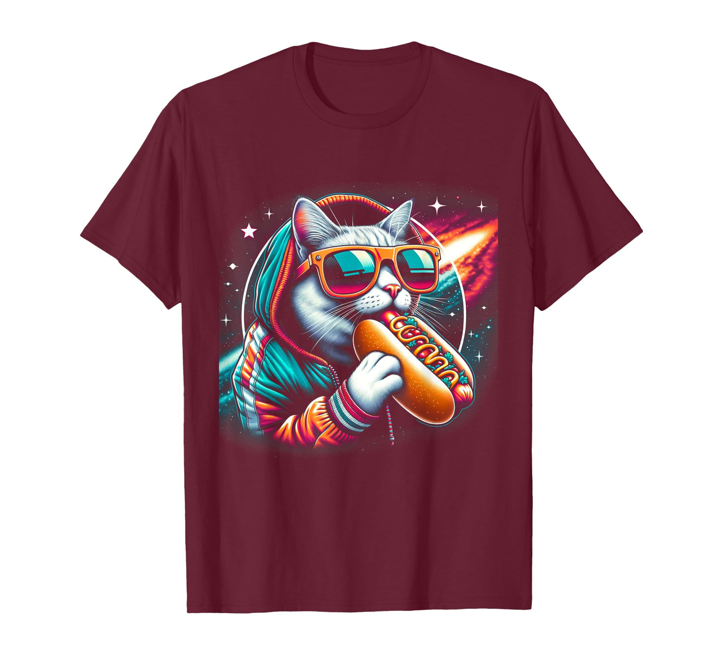 Funny Cat eating Hotdog in space kitty Space Galaxy Men Women Kids T-Shirt