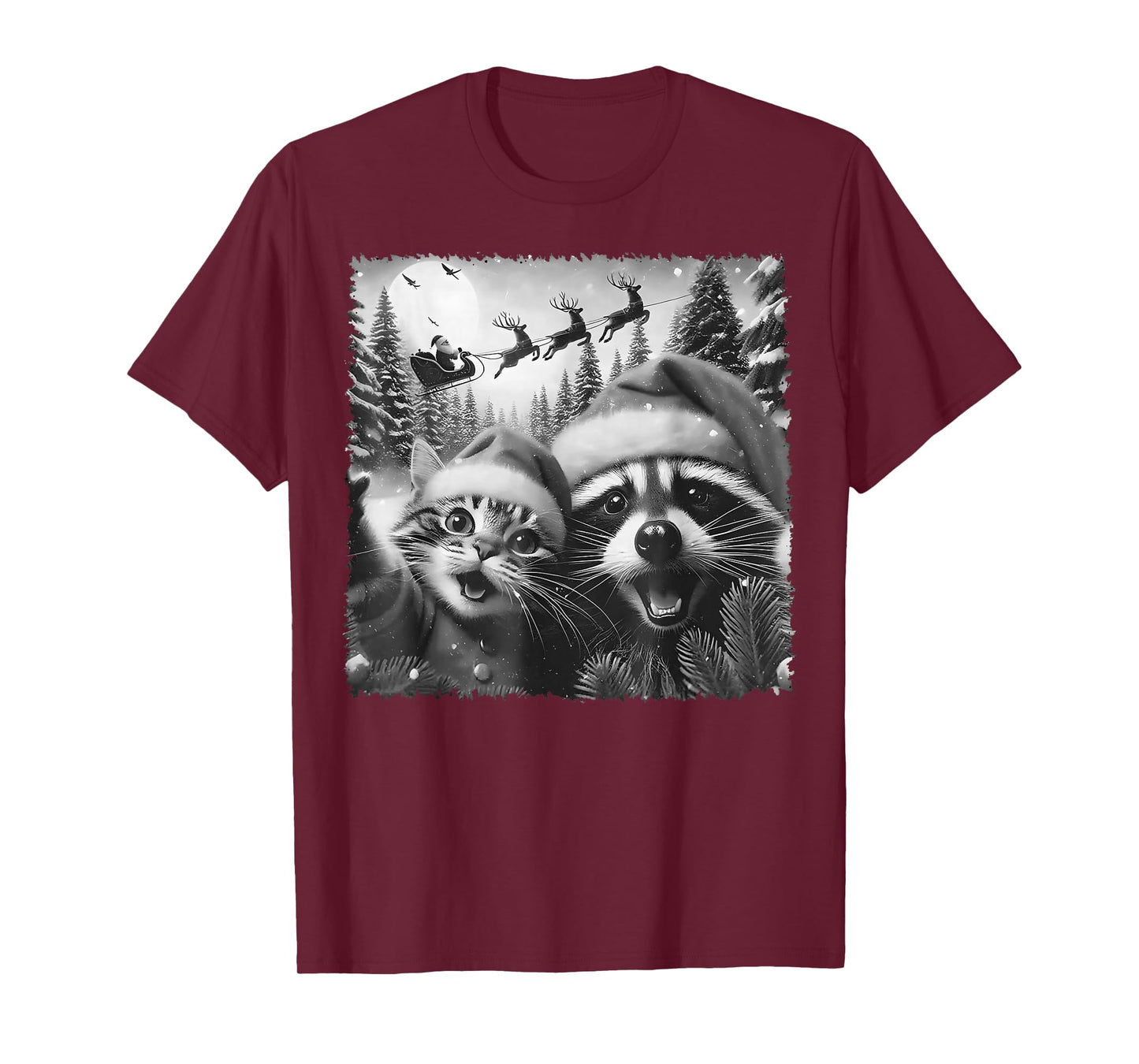 Funny Cat Raccoon Selfie with Santa Christmas Men Women Kids T-Shirt