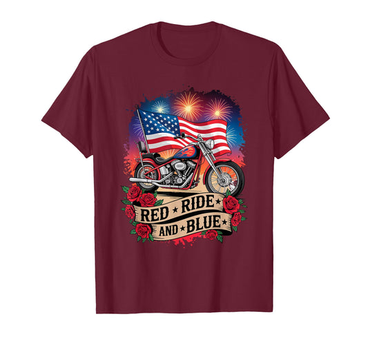 Red Ride & Blue Motorcycle Patriotic USA Biker American Flag T-Shirt