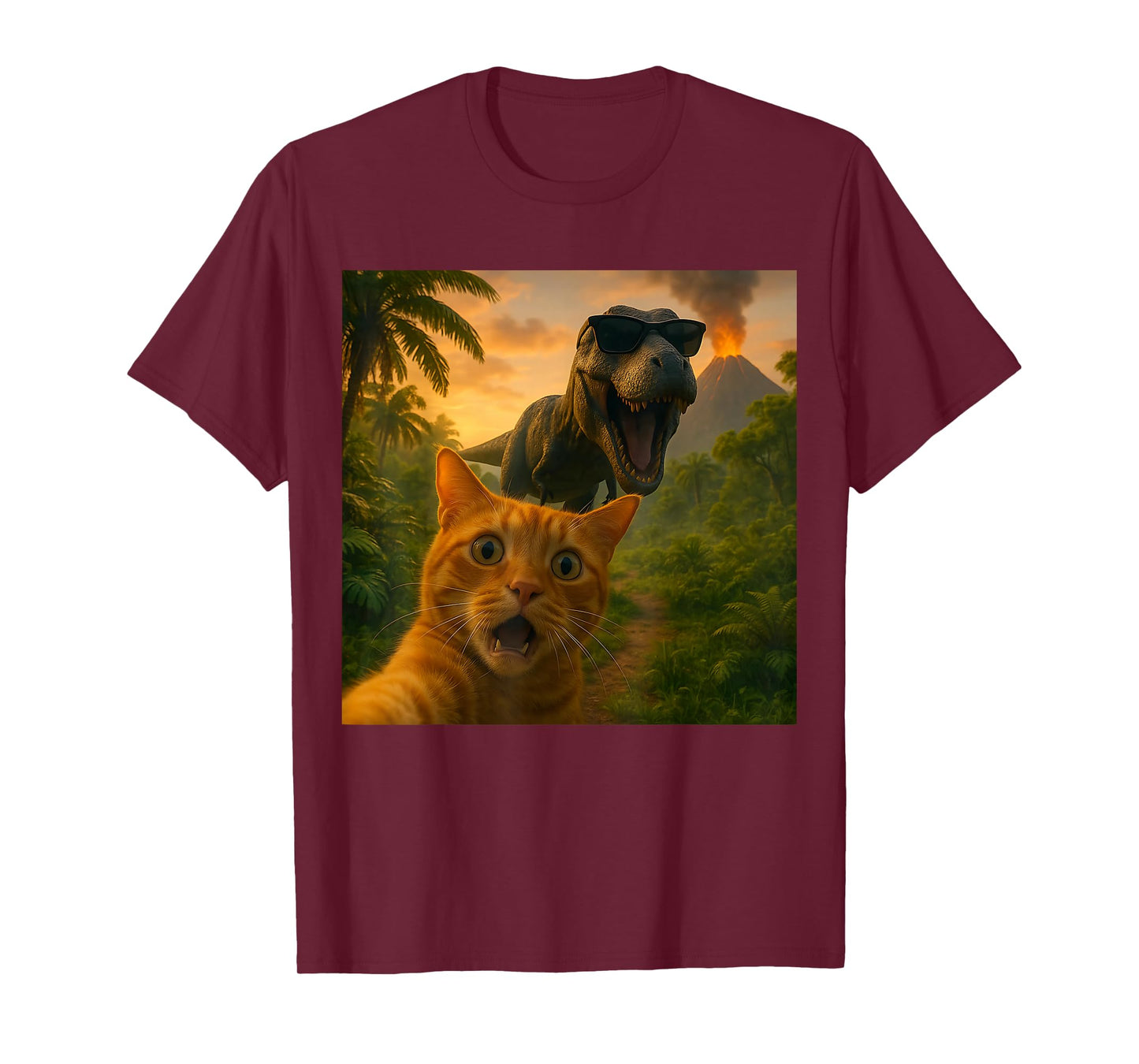Cat Selfie with Dinosaur Funny Graphic T-Shirt