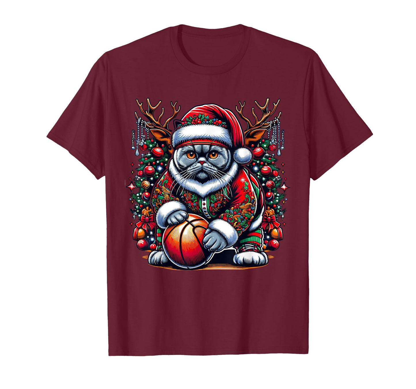 Funny Santa British Shorthair Cat Play Basketball Christmas T-Shirt