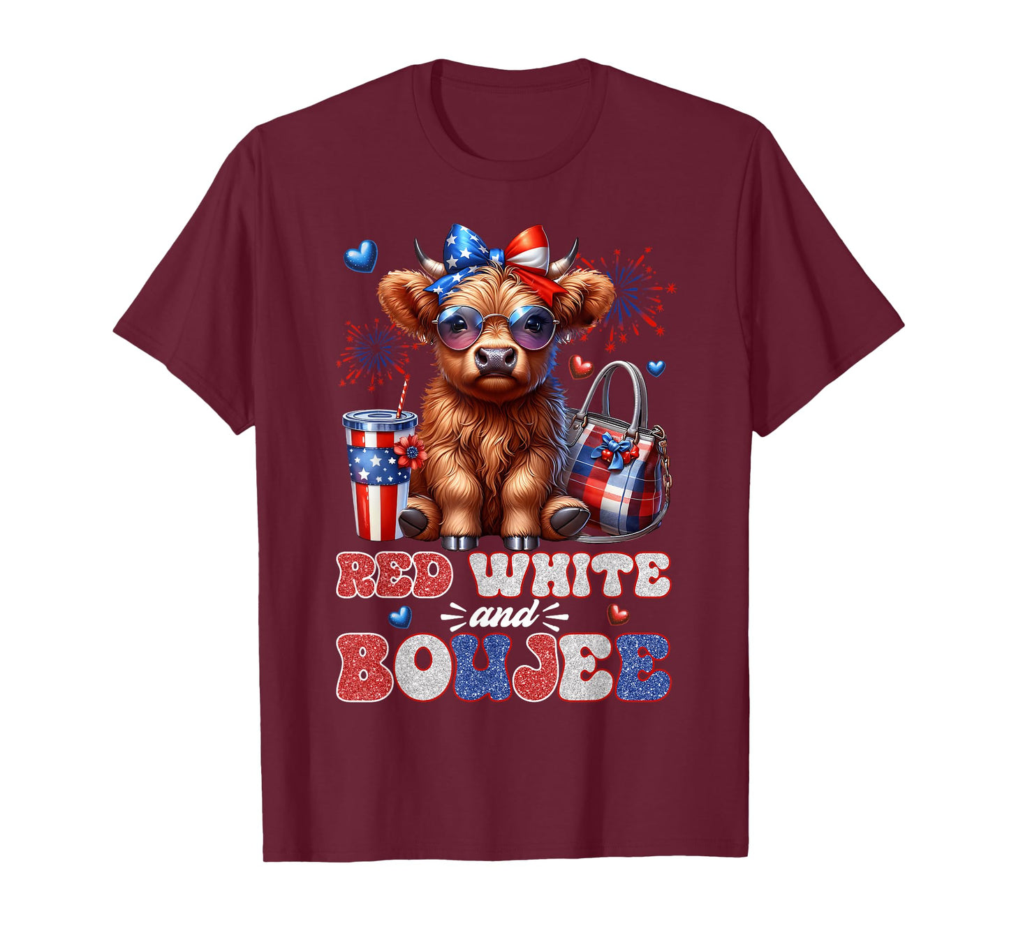 Cute Red White And Boujee Highland Cow 4th Of July Patriotic T-Shirt