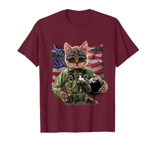 Cat Fighter Pilot with American Flag and Jets T-Shirt