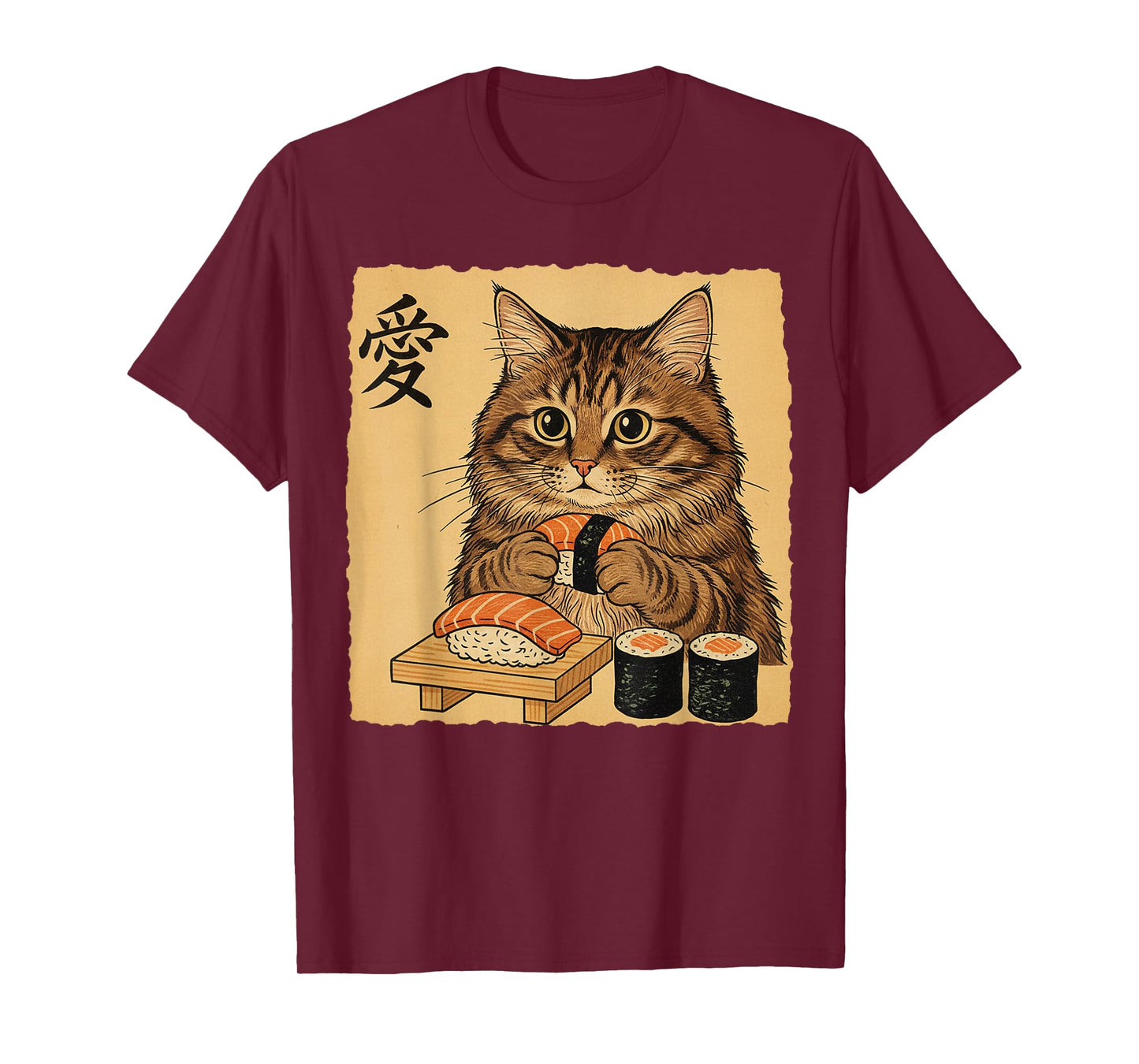 Cat Eating Sushi Funny Japanese Art Vintage Style Cat T-Shirt