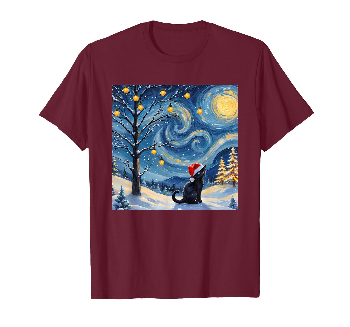 Christmas Van Gogh Starry Night Black Cat Santa Hat Vintage T-Shirt for Men Women Kids