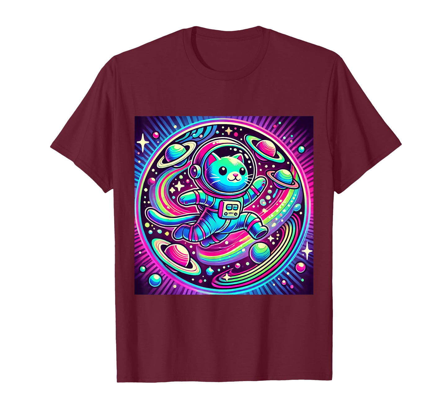 Astronaut Cat Flying Through a Neon Galaxy T-Shirt