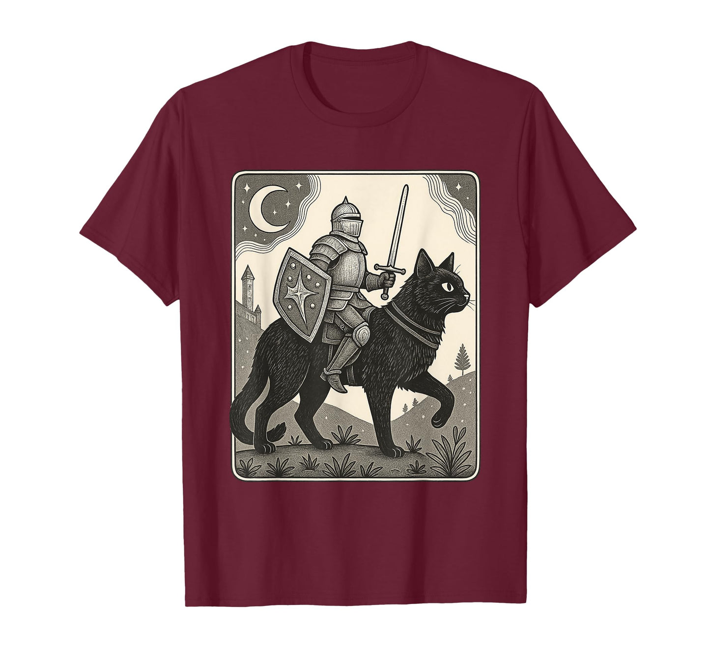 Knight Riding Black Cat Medieval Fantasy Funny Graphic T-Shirt