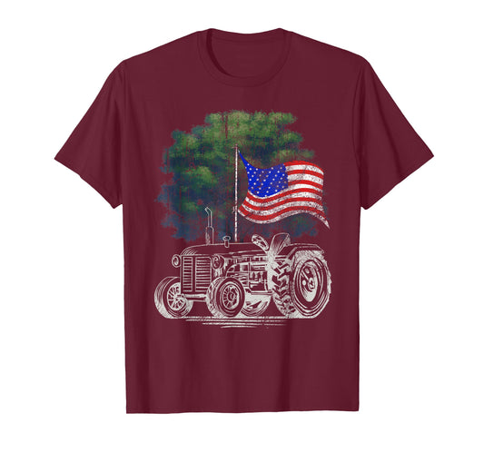 Vintage Farming Tractor American Flag Patriotic Farmer Farm T-Shirt Small