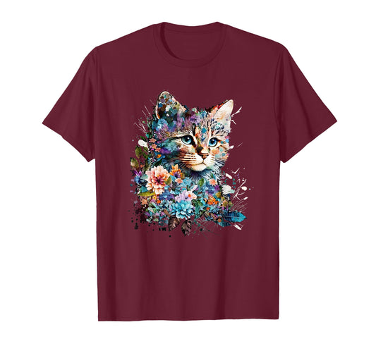 Cute Cat Motif Cat With Flowers Cat T-Shirt