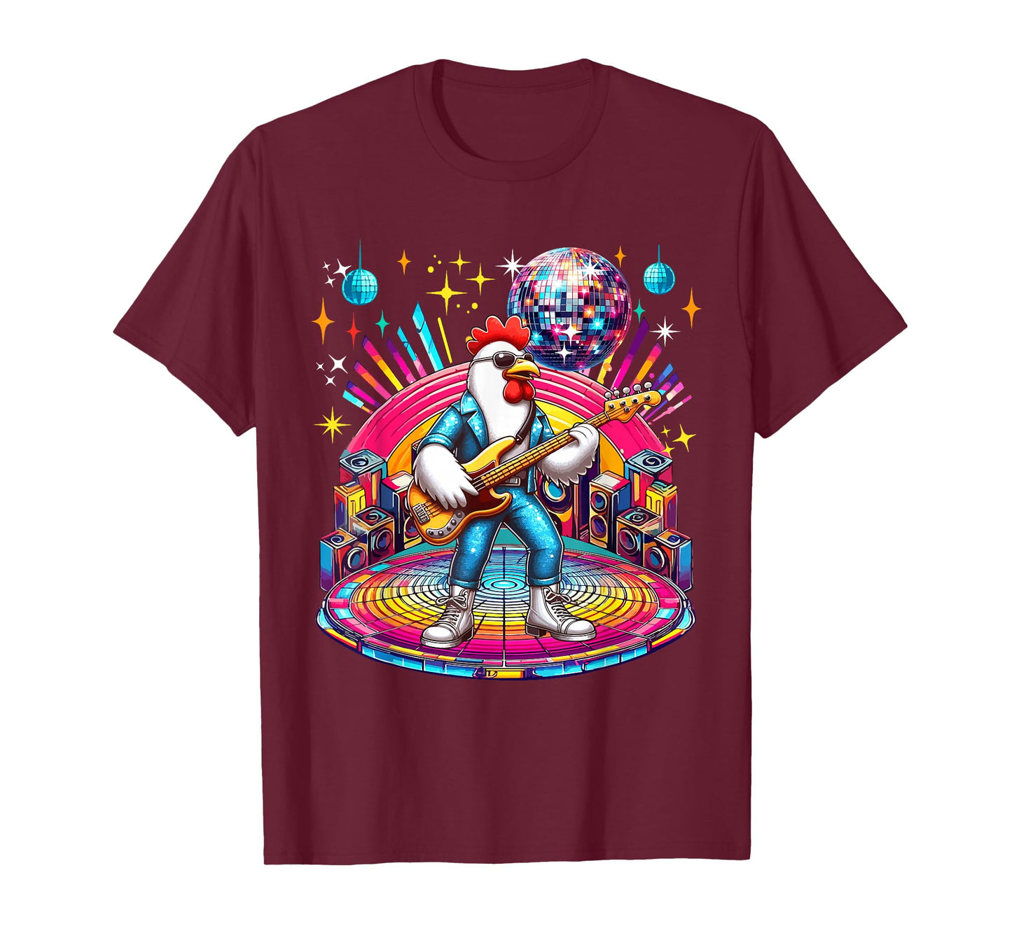Chicken Sunglasses Playing Guitar Colourful Costume Disco T-Shirt