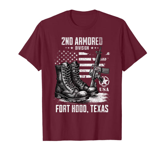 SoldierTees 2nd Armored Division Fort Hood Texas Military Veteran T-Shirt, Small, Black