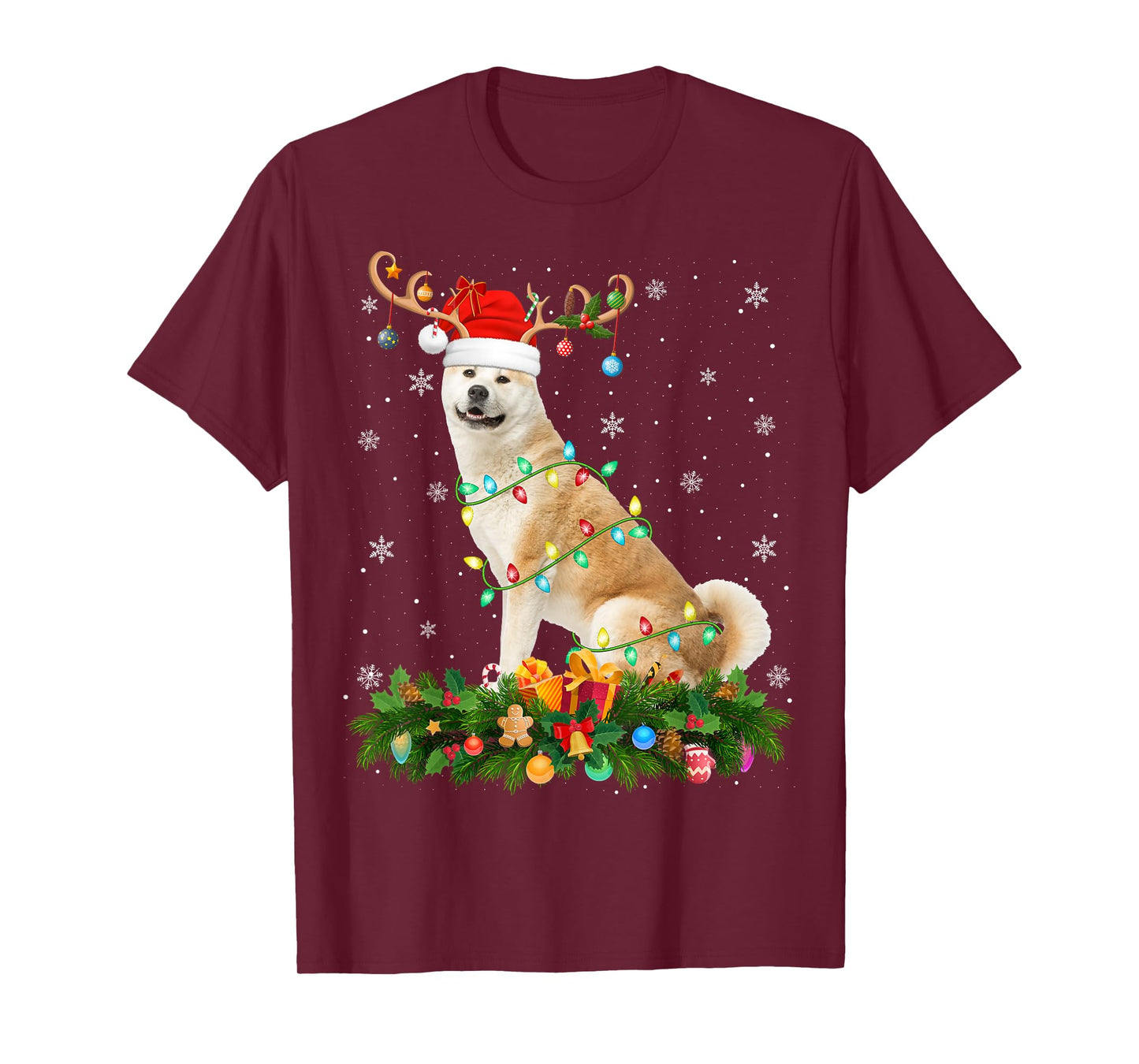 Akita Inu Christmas Lights Reindeer Santa Hat Dog Xmas T-Shirt