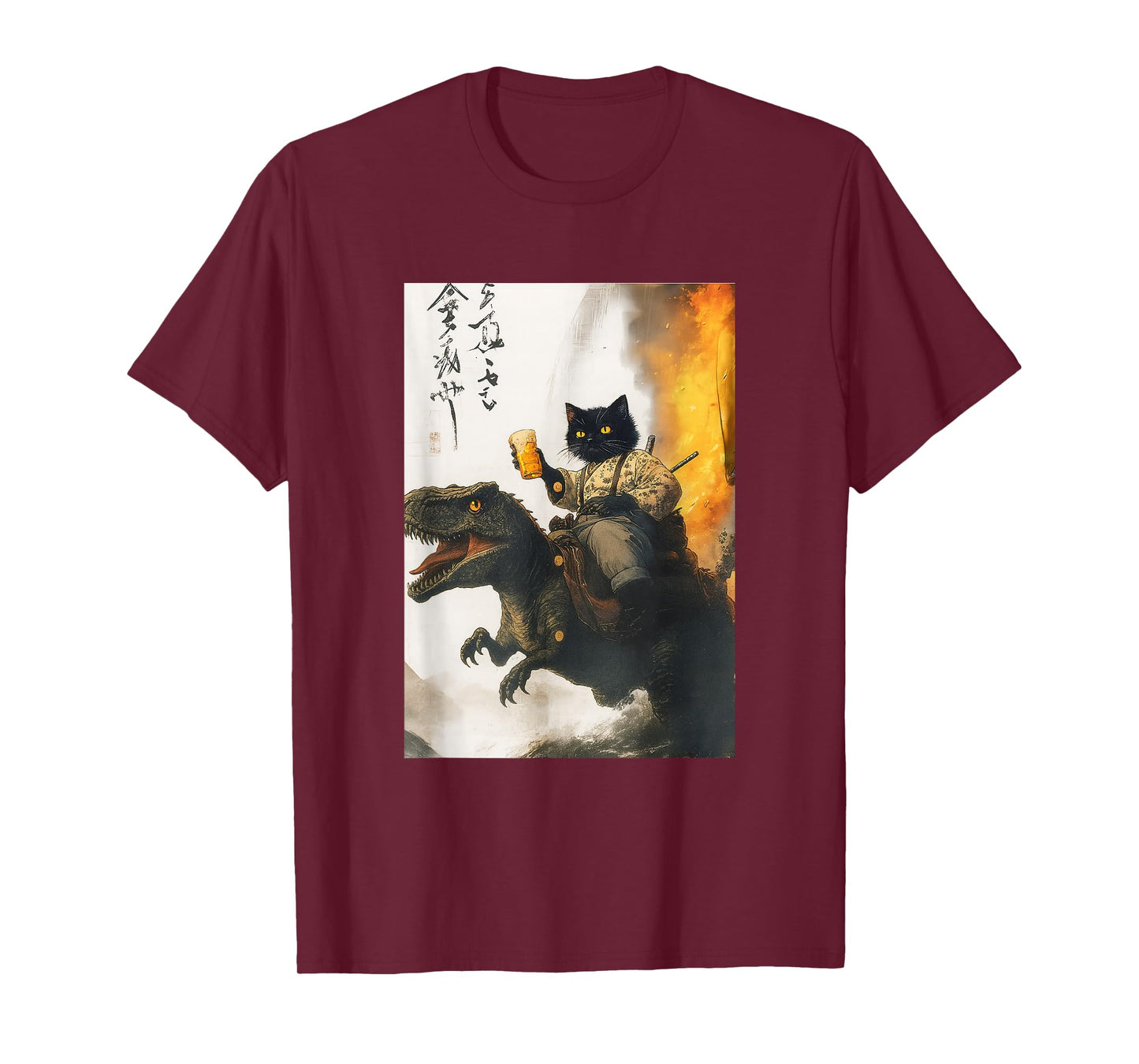Samurai cat riding dinosaur with beer absurd warrior vibes T-Shirt