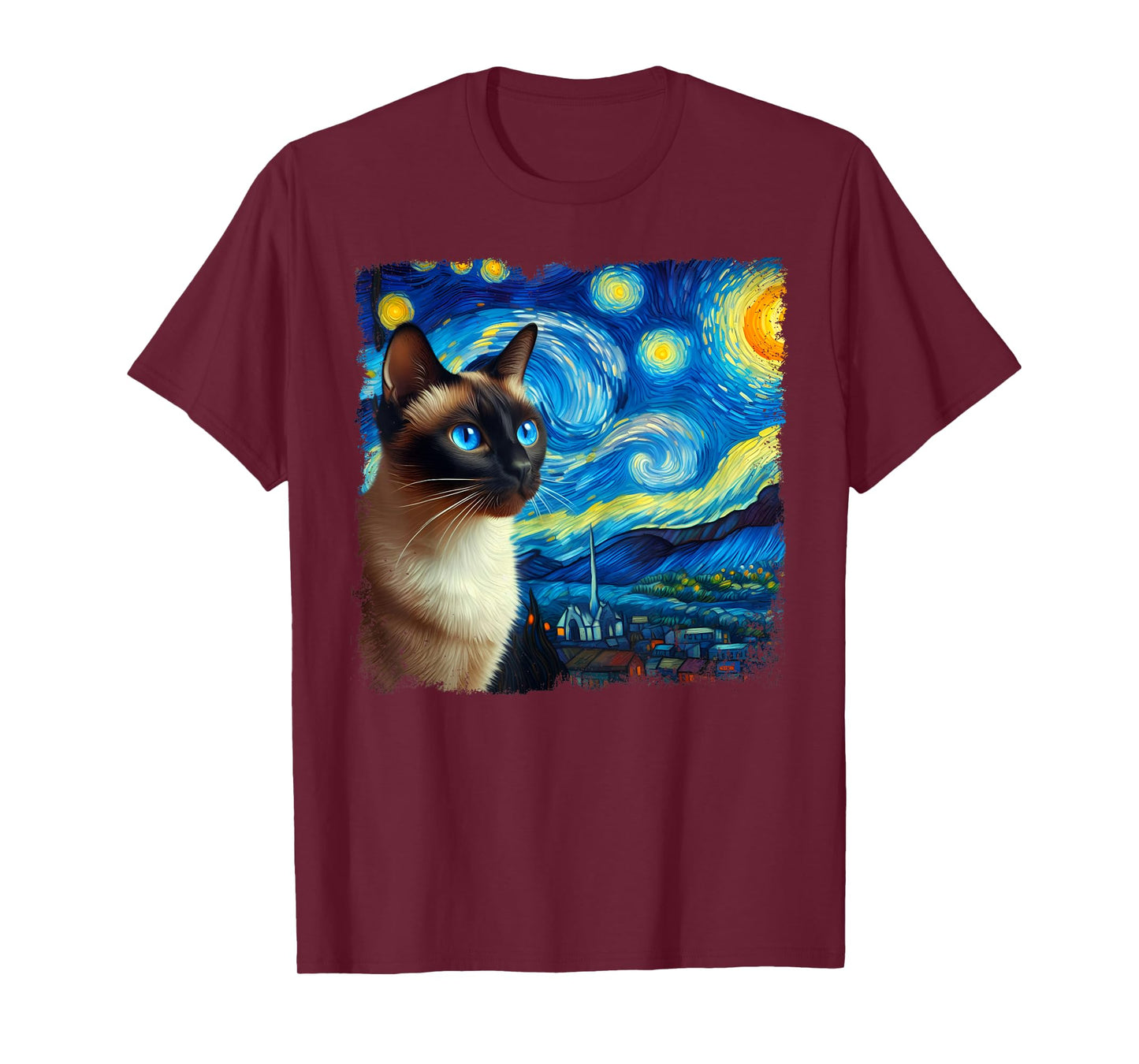 Funny Cute Siamese Cat Starry Night Van Gogh Painting T-Shirt