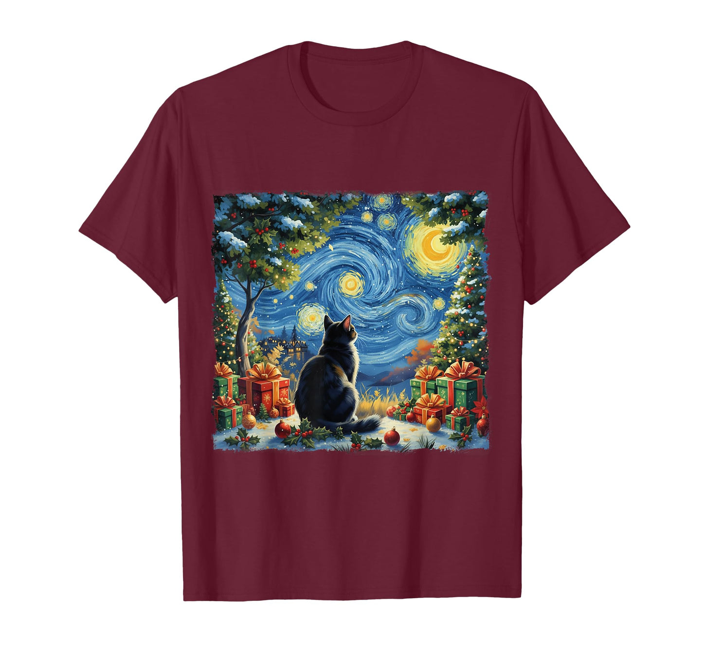 Christmas Cat Starry Night Van Gogh Santa Winter Gift Art T-Shirt