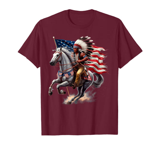 Native American Day US Flag Indian Riding Horse 4th of July T-Shirt