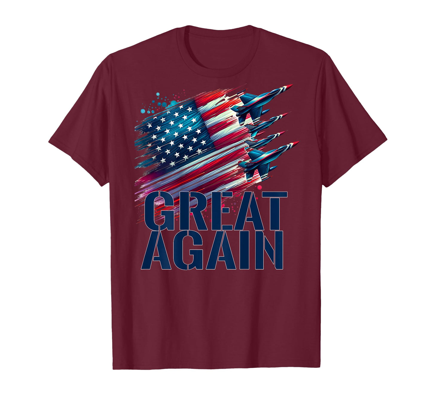 On Back Patriotic American Flag and Jets USA GREAT AGAIN T-Shirt